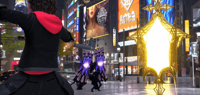 Screenshot aus Kingdom Hearts IV: Sora steht auf einer nächtlichen Kreuzung in einer modernen Großstadt und stellt sich mehreren dunklen Gegnern. Im Hintergrund sind leuchtende Werbetafeln zu sehen, während ein helles, goldenes Portal die Szene dominiert.
