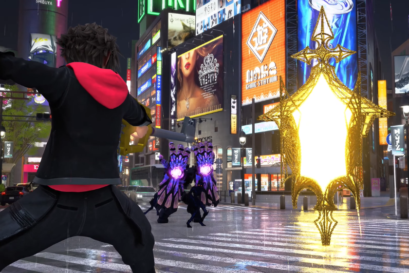 Screenshot aus Kingdom Hearts IV: Sora steht auf einer nächtlichen Kreuzung in einer modernen Großstadt und stellt sich mehreren dunklen Gegnern. Im Hintergrund sind leuchtende Werbetafeln zu sehen, während ein helles, goldenes Portal die Szene dominiert.