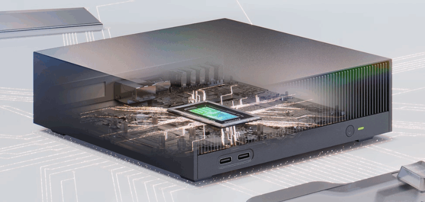 Nvidia RTX Spark Mini-PC mit transparent dargestelltem Gehäuse. Im Inneren sichtbar ist der GB10-Chip, der CPU, GPU und KI-Beschleuniger auf einer kompakten ARM-Plattform vereint.