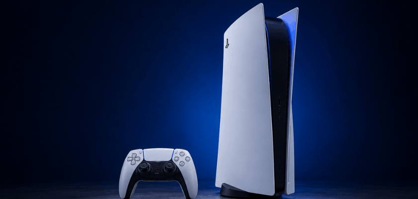 PlayStation-5-Konsole mit DualSense-Controller auf dunklem Hintergrund mit blauer Beleuchtung in einer minimalistischen Studioaufnahme.