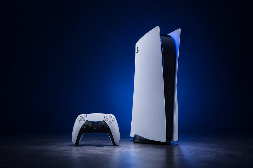 PlayStation-5-Konsole mit DualSense-Controller auf dunklem Hintergrund mit blauer Beleuchtung in einer minimalistischen Studioaufnahme.