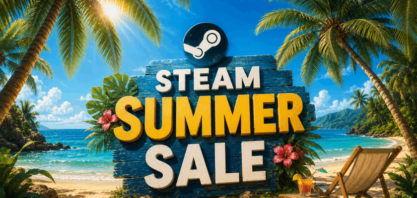 Steam Summer Sale im tropischen Stranddesign mit Palmen, türkisblauem Meer und sommerlicher Urlaubsatmosphäre.