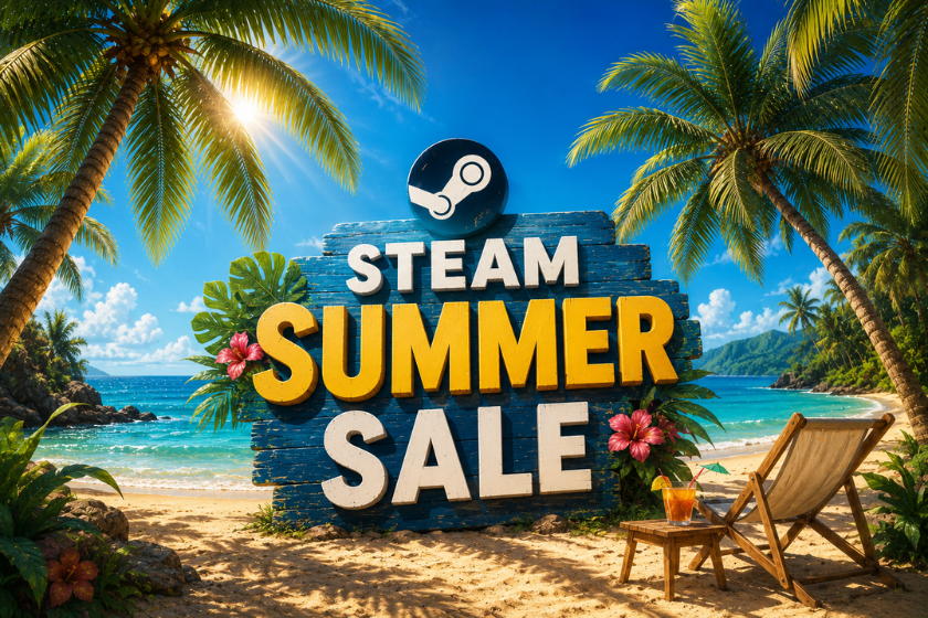 Steam Summer Sale im tropischen Stranddesign mit Palmen, türkisblauem Meer und sommerlicher Urlaubsatmosphäre.