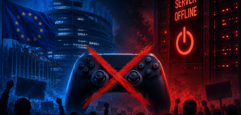 Gaming-Controller mit rotem X vor EU-Parlament und Servern mit ‚Server Offline‘-Anzeige. Symbolbild zur Initiative Stop Killing Games und der Entscheidung der EU-Kommission