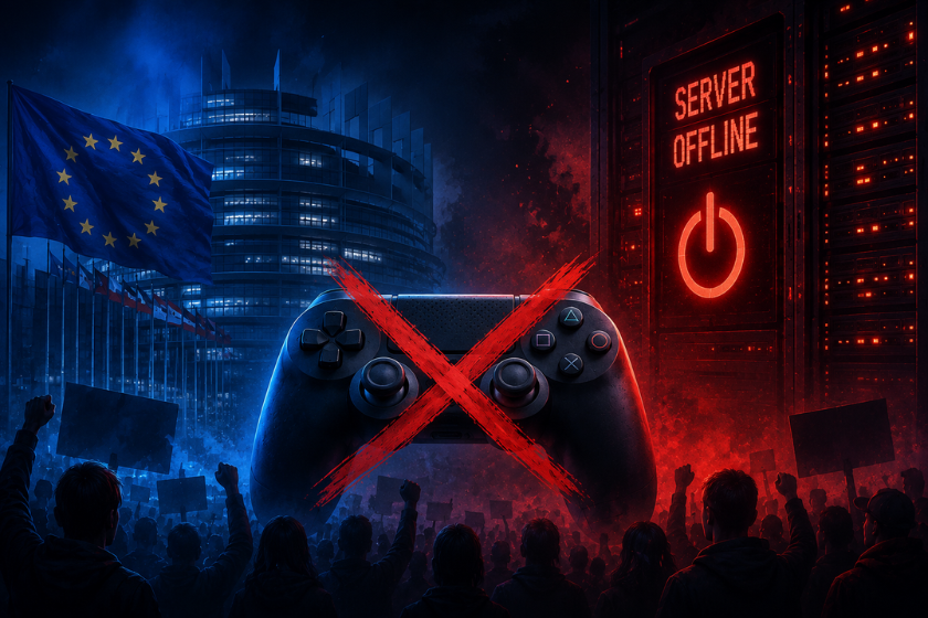 Gaming-Controller mit rotem X vor EU-Parlament und Servern mit ‚Server Offline‘-Anzeige. Symbolbild zur Initiative Stop Killing Games und der Entscheidung der EU-Kommission