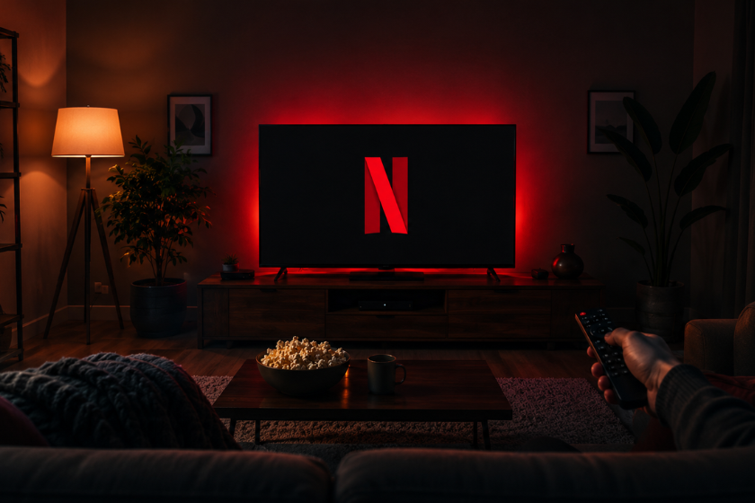 Netflix auf einem großen Fernseher in einem gemütlichen Wohnzimmer. Eine Person schaut Streaming-Inhalte auf dem Sofa, während stimmungsvolle Beleuchtung für Heimkino-Atmosphäre sorgt.