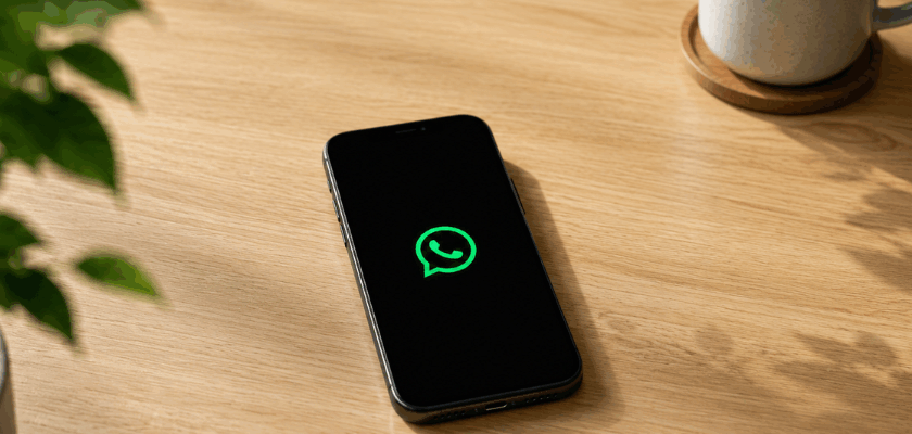 Smartphone mit schwarzem Display und grünem WhatsApp-Logo auf einem hellen Holztisch, fotografiert aus der Vogelperspektive. Im Hintergrund sind eine Zimmerpflanze und eine Kaffeetasse zu sehen.