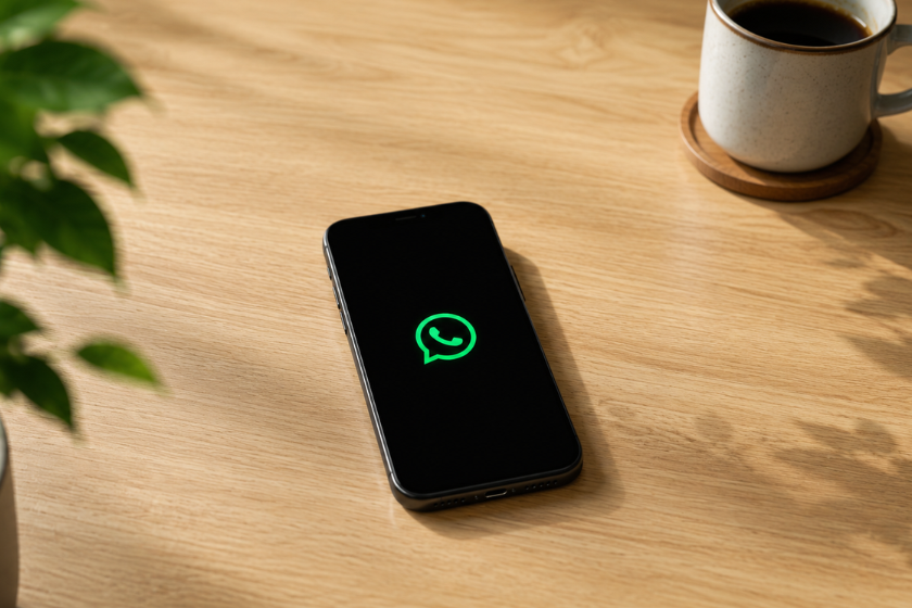Smartphone mit schwarzem Display und grünem WhatsApp-Logo auf einem hellen Holztisch, fotografiert aus der Vogelperspektive. Im Hintergrund sind eine Zimmerpflanze und eine Kaffeetasse zu sehen.