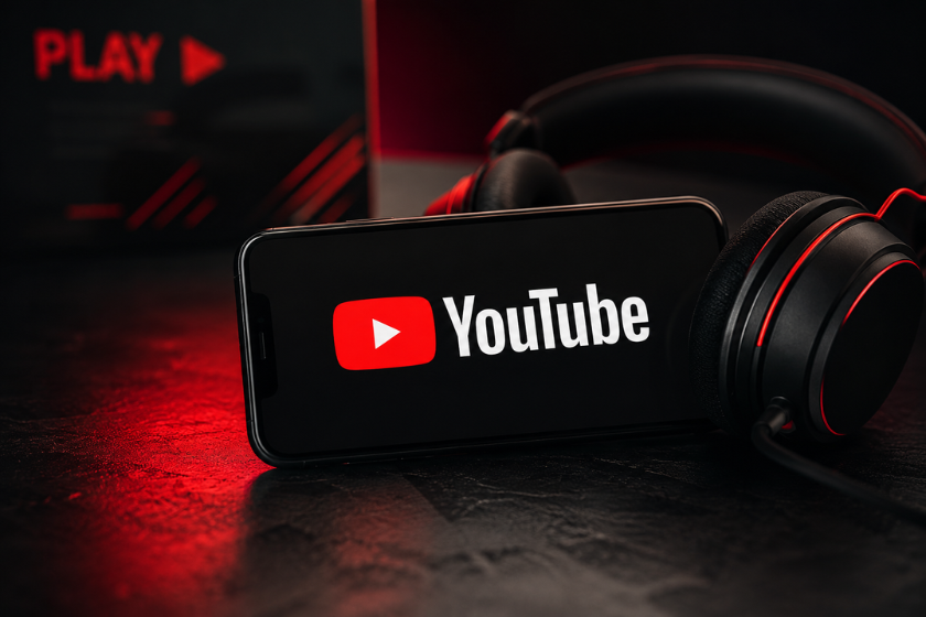 YouTube auf einem Smartphone neben Gaming-Kopfhörern in einem schwarz-roten Setup. Symbolbild für YouTube Premium, YouTube Music und Streaming-Abonnements.