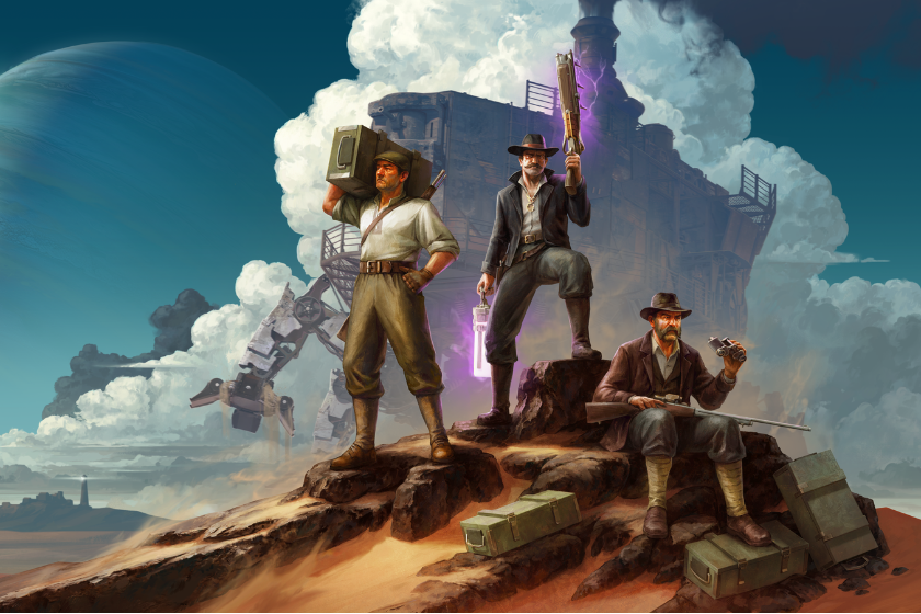 Artwork zum Spiel SAND: Raiders of Sophie, das als Illustration für einen Artikel über die Gaming-Highlights Juni 2026 dient. Drei Abenteurer stehen auf einem Felsen in einer Wüstenlandschaft, während im Hintergrund eine gewaltige, fahrende Festung und mechanische Konstruktionen zu sehen sind. Die Mischung aus Western-, Steampunk- und Science-Fiction-Elementen vermittelt die raue und außergewöhnliche Spielwelt von SAND: Raiders of Sophie.