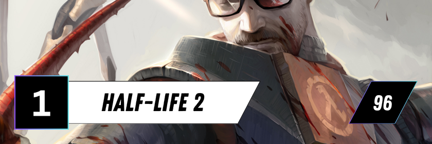 Informationsgrafik zum Spiel „Half-Life 2“ aus der Top 10 der bestbewerteten PC-Spiele von 2000 bis 2010. Im Hintergrund ist eine Nahaufnahme des Protagonisten Gordon Freeman mit Schutzbrille und HEV-Anzug zu sehen. Links ist die Platzierung „1“ eingeblendet, rechts der Metascore von 96.