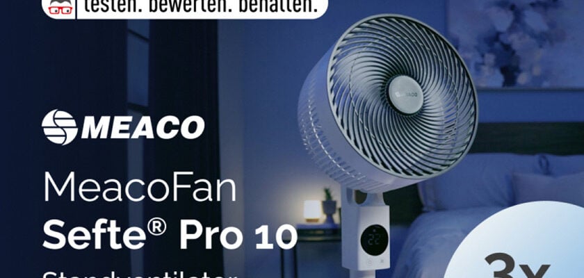 Werbegrafik für den MeacoFan Sefte® Pro 10 Standventilator in einem Schlafzimmer. Links sind Produktname und Meaco-Logo zu sehen, rechts der Ventilator sowie der Hinweis auf drei verfügbare Geräte.
