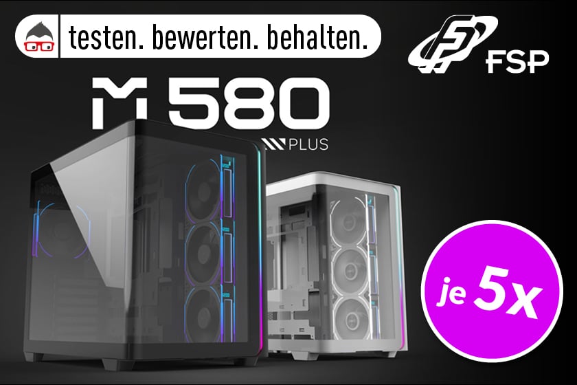 FSP M580 Plus PC-Gehäuse in Schwarz und Weiß mit RGB-Beleuchtung. Das Gehäuse verfügt über eine Glas-Seitenwand und bietet Platz für mehrere Lüfter. Rechts unten weist ein Hinweis auf je fünf Testprodukte hin.