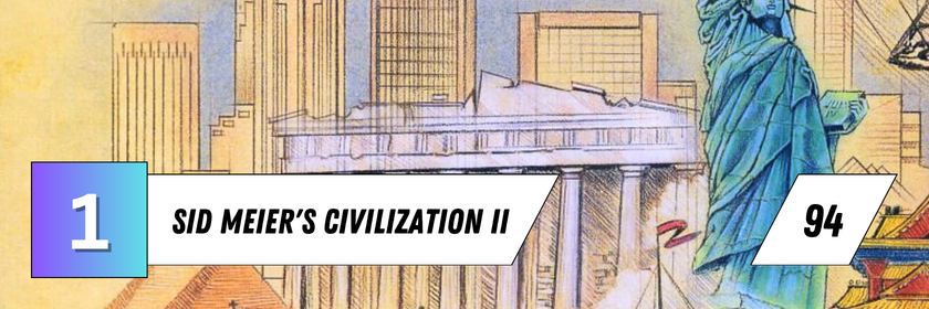 Zu sehen ist eine Illustration mit der Freiheitsstatue, klassischen Gebäuden und einer Stadtansicht aus Sid Meier’s Civilization II. Das Bild zeigt den Erstplatzierten mit einem Metascore von 94.