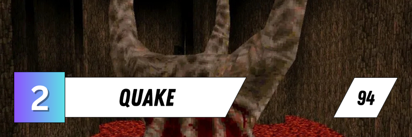 Zu sehen ist eine düstere Spielszene aus Quake mit einer großen, hornartigen Kreatur in einer dunklen Umgebung. Das Bild zeigt den Zweitplatzierten mit einem Metascore von 94.