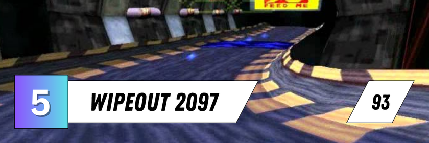 Zu sehen ist eine futuristische Rennstrecke aus Wipeout 2097 mit einer Kurve in einer Tunnelanlage. Das Bild zeigt den Fünftplatzierten mit einem Metascore von 93.