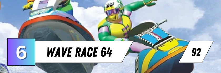 Zu sehen sind zwei Jetski-Fahrer in Aktion auf einer Wasserstrecke aus Wave Race 64. Die Grafik zeigt den Sechstplatzierten der Rangliste der besten Spiele des Jahres 1996 mit einem Metascore von 92.