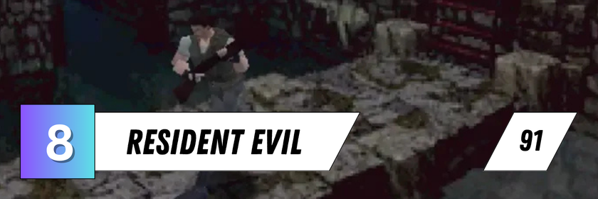 Zu sehen ist eine bewaffnete Figur in einer düsteren Spielumgebung aus Resident Evil. Das Bild zeigt den Achtplatzierten mit einem Metascore von 91.