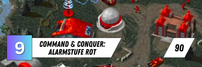 Zu sehen ist eine Basis mit roten Gebäuden, Fahrzeugen und Einheiten aus Command & Conquer: Alarmstufe Rot. Das Bild zeigt den Neuntplatzierten mit einem Metascore von 90.