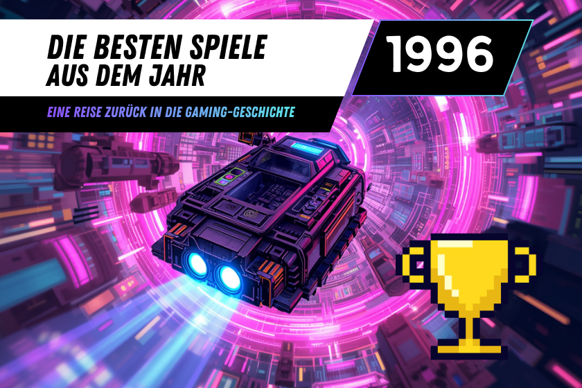 Titelgrafik eines Artikels über die besten Spiele des Jahres 1996. Zu sehen ist ein futuristisches Raumschiff, das durch einen leuchtenden, pink-violetten Zeittunnel fliegt. Im oberen Bereich steht der Schriftzug „Die besten Spiele aus dem Jahr 1996“ sowie der Untertitel „Eine Reise zurück in die Gaming-Geschichte“. Rechts ist die Jahreszahl „1996“ prominent dargestellt. Die Grafik dient als Aufmacherbild für einen Rückblick auf die besten Videospiele des Jahres 1996.