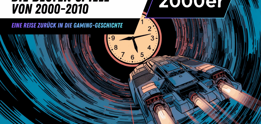 Titelbild für den Retro-Gaming-Rückblick auf die besten Spiele der 2000er. Ein Raumschiff fliegt durch einen Zeitstrudel auf eine Uhr zu und symbolisiert die Reise zu den bestbewerteten Videospielen der Jahre 2000 bis 2010.