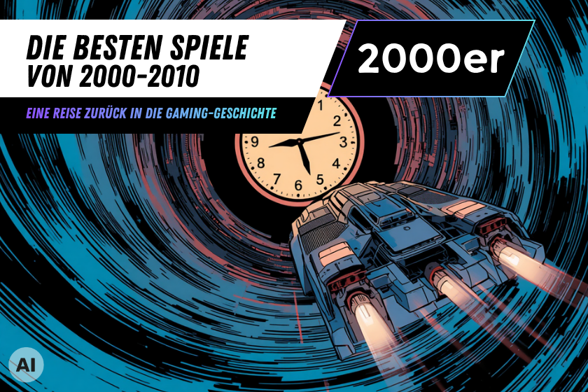 Titelbild für den Retro-Gaming-Rückblick auf die besten Spiele der 2000er. Ein Raumschiff fliegt durch einen Zeitstrudel auf eine Uhr zu und symbolisiert die Reise zu den bestbewerteten Videospielen der Jahre 2000 bis 2010. Hinweis darauf, dass die Grafik mithilfe von KI erstellt wurde.