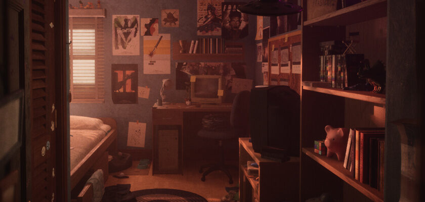 Das Bild zeigt ein stimmungsvoll beleuchtetes Jugendzimmer mit Bett, Schreibtisch, Regal und zahlreichen Postern an den Wänden. Die warme Lichtstimmung, der leicht unaufgeräumte Raum und Details wie Bücher, Videospiele und Dekoration verleihen der Szene eine authentische, nostalgische Atmosphäre.