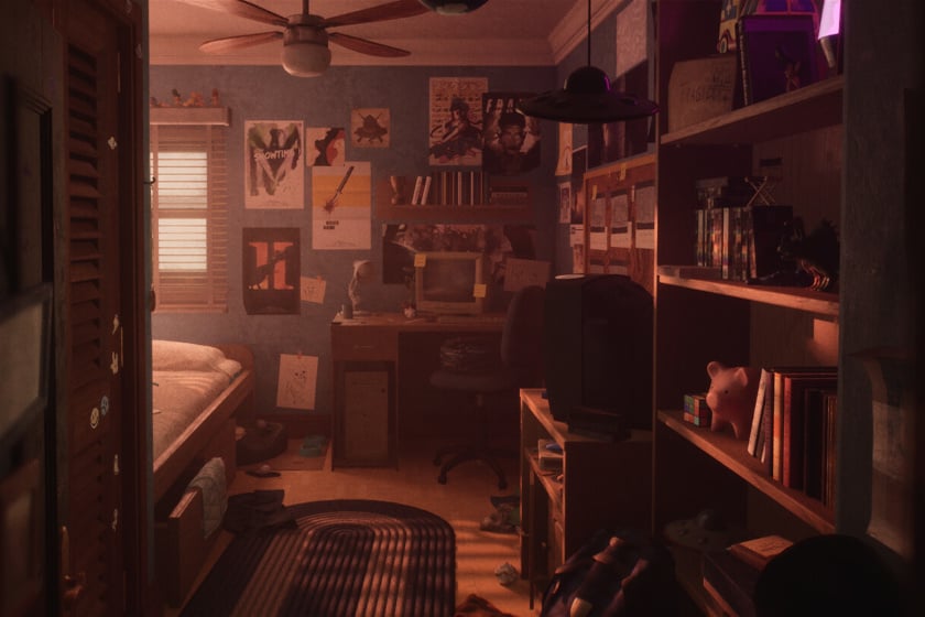 Das Bild zeigt ein stimmungsvoll beleuchtetes Jugendzimmer mit Bett, Schreibtisch, Regal und zahlreichen Postern an den Wänden. Die warme Lichtstimmung, der leicht unaufgeräumte Raum und Details wie Bücher, Videospiele und Dekoration verleihen der Szene eine authentische, nostalgische Atmosphäre.
