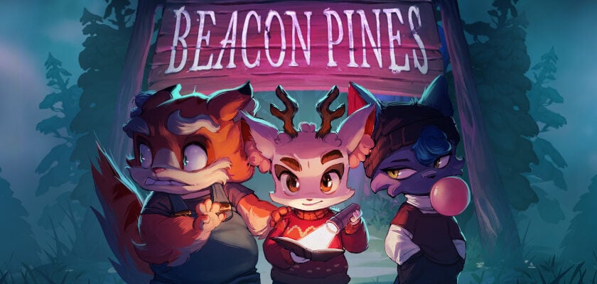 Illustration zum Spiel „Beacon Pines" zeigt drei animierte, tierähnliche Charaktere, die nachts vor einem hölzernen Wegweiser-Schild mit der Aufschrift „Beacon Pines" stehen. In der Mitte hält eine geweihtragende Reh-Figur eine leuchtende Taschenlampe, flankiert von einem fuchsartigen Charakter mit Fell und einer katzenähnlichen Figur, die eine Kaugummiblase bläst, während im Hintergrund neblige, dunkle Nadelbäume zu erkennen sind.