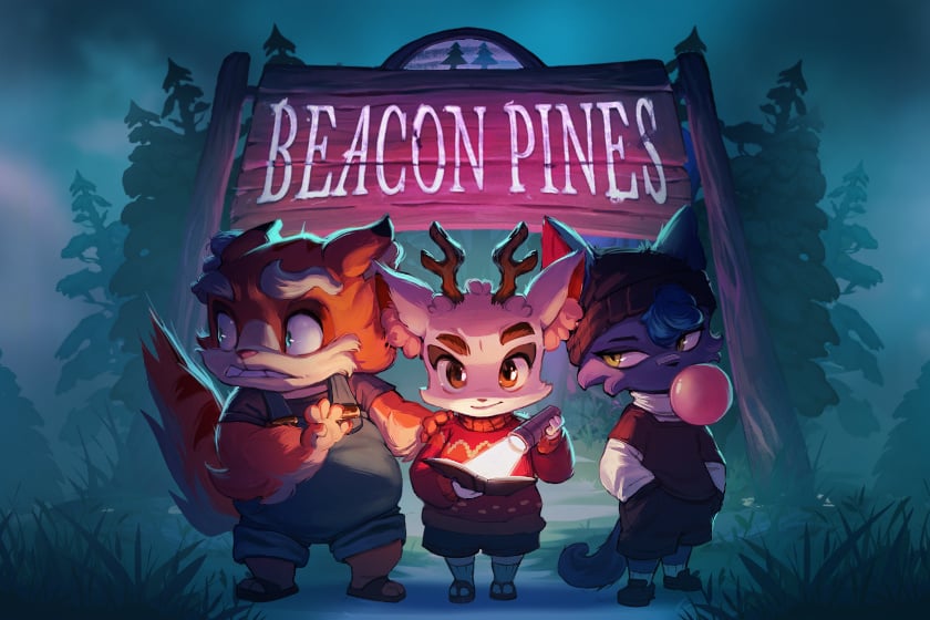 Illustration zum Spiel „Beacon Pines" zeigt drei animierte, tierähnliche Charaktere, die nachts vor einem hölzernen Wegweiser-Schild mit der Aufschrift „Beacon Pines" stehen. In der Mitte hält eine geweihtragende Reh-Figur eine leuchtende Taschenlampe, flankiert von einem fuchsartigen Charakter mit Fell und einer katzenähnlichen Figur, die eine Kaugummiblase bläst, während im Hintergrund neblige, dunkle Nadelbäume zu erkennen sind.