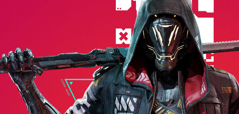 Nahaufnahme einer maskierten Cyberpunk-Figur mit leuchtend gelben Augen-Linien und dunkler Kapuzenjacke, die ein Katana über der Schulter trägt, vor pinkfarbenem Hintergrund mit futuristischen weißen Grafikelementen.