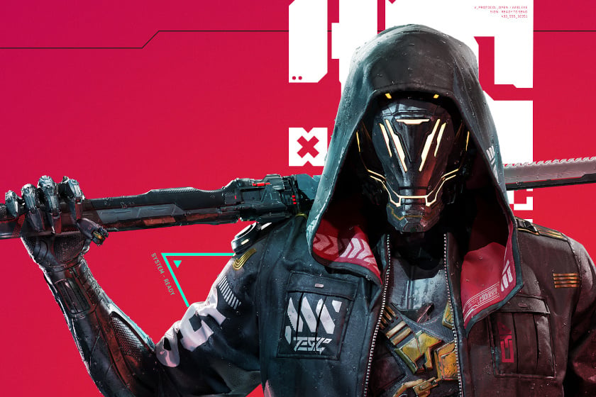 Nahaufnahme einer maskierten Cyberpunk-Figur mit leuchtend gelben Augen-Linien und dunkler Kapuzenjacke, die ein Katana über der Schulter trägt, vor pinkfarbenem Hintergrund mit futuristischen weißen Grafikelementen.