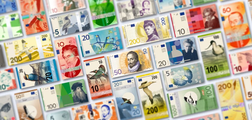 Eine bunte Collage aus zahlreichen fiktiven Euro-Banknoten-Entwürfen in verschiedenen Farben und Werten wie 5, 10, 20, 50, 100 und 200 Euro, angeordnet in diagonalen Reihen. Die einzelnen Scheindesigns zeigen unterschiedliche Motive wie Porträts, Vögel und geometrische Muster in Grün-, Blau-, Rosa-, Gelb- und Orangetönen.