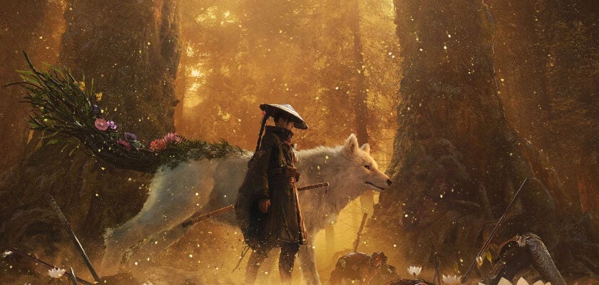 Das Bild zeigt eine stimmungsvolle Fantasy-Szene in einem uralten Wald, in der eine mit einem Katana bewaffnete Person gemeinsam mit einem großen weißen Wolf durch flaches Wasser schreitet. Umgeben von riesigen Bäumen, Seerosen, schwebenden Blütenblättern und den Spuren eines vergangenen Kampfes entsteht eine mystische Atmosphäre, die durch das warme Licht der tief stehenden Sonne eindrucksvoll unterstrichen wird.
