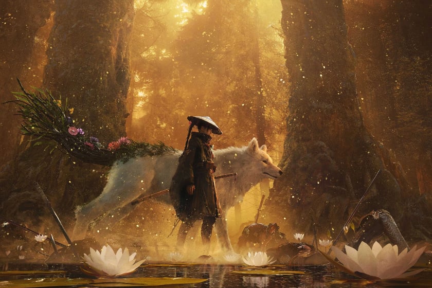 Das Bild zeigt eine stimmungsvolle Fantasy-Szene in einem uralten Wald, in der eine mit einem Katana bewaffnete Person gemeinsam mit einem großen weißen Wolf durch flaches Wasser schreitet. Umgeben von riesigen Bäumen, Seerosen, schwebenden Blütenblättern und den Spuren eines vergangenen Kampfes entsteht eine mystische Atmosphäre, die durch das warme Licht der tief stehenden Sonne eindrucksvoll unterstrichen wird.