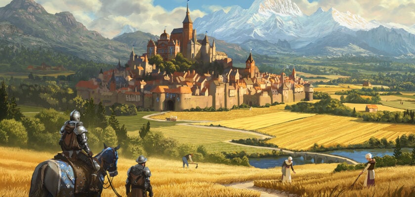 Das Bild zeigt eine weitläufige mittelalterliche Landschaft mit einer befestigten Stadt, die von einer großen Burg auf einem Hügel überragt wird. Im Vordergrund führen zwei gepanzerte Reiter einen Weg entlang, während mehrere Bauern auf den goldgelben Feldern arbeiten. Im Hintergrund erstrecken sich grüne Wälder und schneebedeckte Gebirgszüge unter einem Himmel mit großen Wolken, wodurch die Szene eine idyllische und epische Atmosphäre erhält.