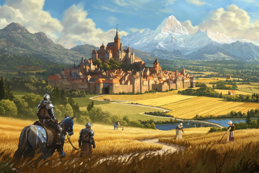 Das Bild zeigt ein stimmungsvolles Artwork zum Aufbauspiel „Farthest Frontier“ mit einer mittelalterlichen Stadt, die von Feldern, Flüssen und einer beeindruckenden Berglandschaft umgeben ist. Im Vordergrund sind zwei gepanzerte Figuren unterwegs durch goldene Getreidefelder, während Bewohner auf den umliegenden Äckern arbeiten. Das Motiv dient als Titelbild zu einem Artikel über Steam Spiele im Angebot.