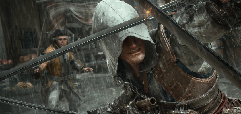 Kampfszene aus Assassin's Creed Black Flag Resynced mit Edward Kenway im Nahkampf während eines Gefechts.