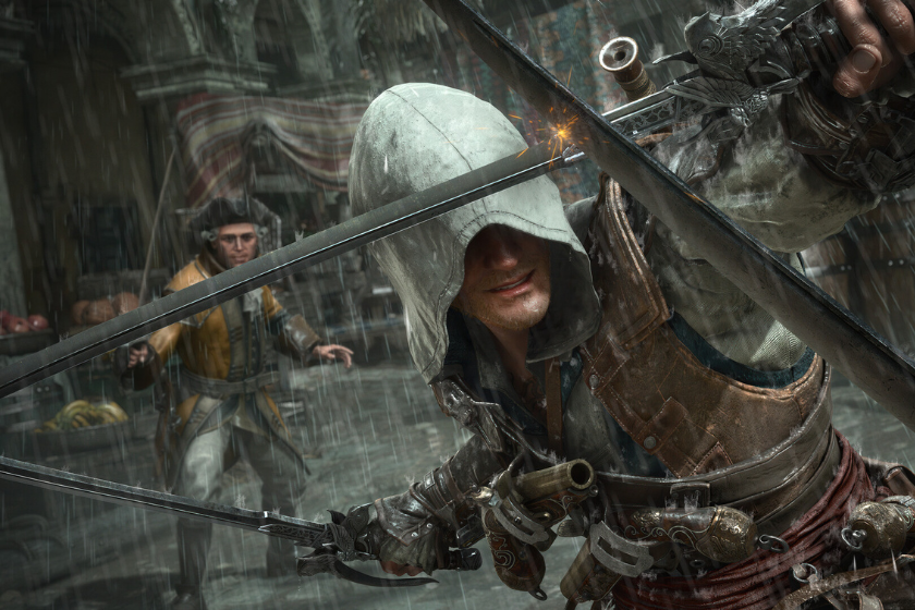 Kampfszene aus Assassin's Creed Black Flag Resynced mit Edward Kenway im Nahkampf während eines Gefechts.