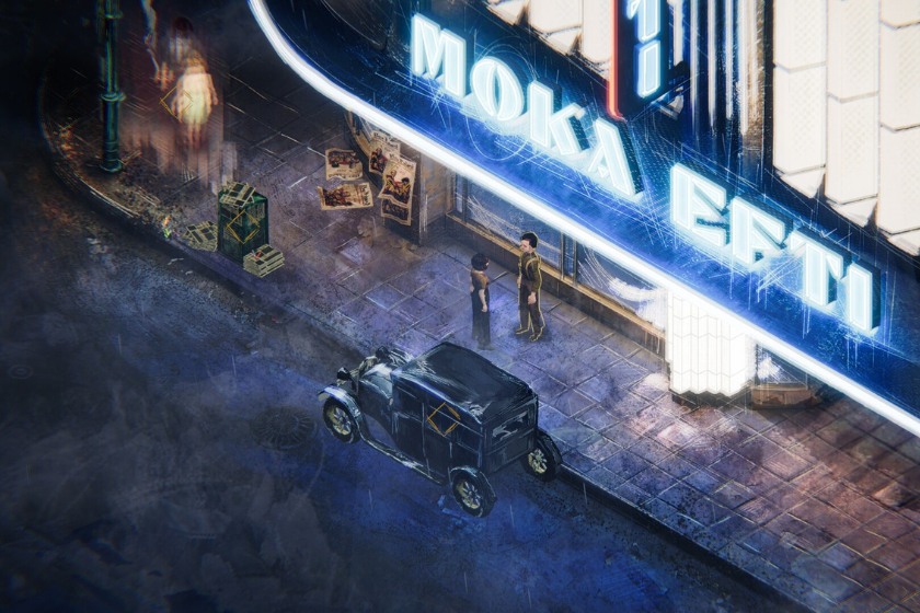 Spielszene aus „Eine Nacht im Moka Efti“ mit dem beleuchteten Eingang des Moka Efti bei Nacht, einem Oldtimer auf der Straße und zwei Figuren vor dem Gebäude im verregneten Berlin der Weimarer Republik.