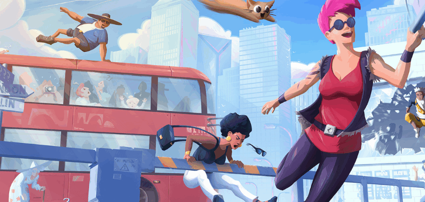 Illustration aus dem Spiel Catch Me!: Mehrere bunte Spielfiguren liefern sich eine chaotische Verfolgungsjagd durch eine Stadt. Eine Katze fliegt durch die Luft, während andere Charaktere über Geländer, Busse und durch Fenster springen.