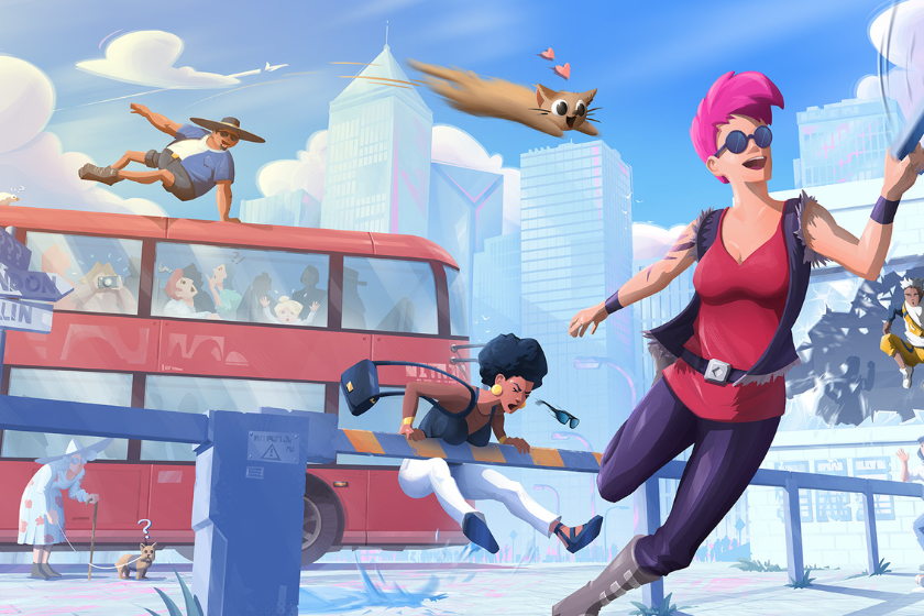 Illustration aus dem Spiel Catch Me!: Mehrere bunte Spielfiguren liefern sich eine chaotische Verfolgungsjagd durch eine Stadt. Eine Katze fliegt durch die Luft, während andere Charaktere über Geländer, Busse und durch Fenster springen.