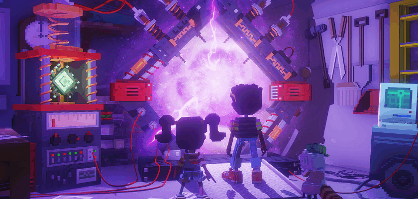 Spielfiguren stehen vor einem pink leuchtenden Portal in einem Labor. Bild aus Echo Generation: Midnight Edition mit Retro-Grafik im Voxel-Stil.