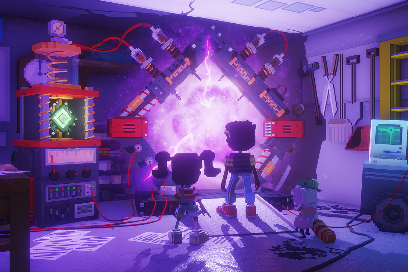 Spielfiguren stehen vor einem pink leuchtenden Portal in einem Labor. Bild aus Echo Generation: Midnight Edition mit Retro-Grafik im Voxel-Stil.
