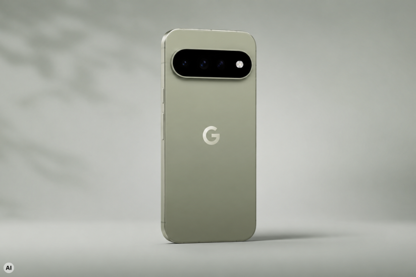 KI-Illustration des Google Pixel 11-Smartphones in Grün vor hellem Hintergrund.