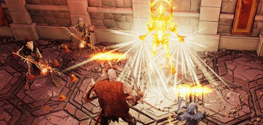 Screenshot aus Gloomhaven: Vier Helden kämpfen in einem steinernen Dungeon gegen leuchtende Untote und andere Gegner. Im Mittelpunkt steht eine hell strahlende Gestalt, während magische Angriffe und Lichteffekte den Kampf bestimmen.