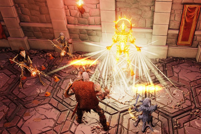 Screenshot aus Gloomhaven: Vier Helden kämpfen in einem steinernen Dungeon gegen leuchtende Untote und andere Gegner. Im Mittelpunkt steht eine hell strahlende Gestalt, während magische Angriffe und Lichteffekte den Kampf bestimmen.