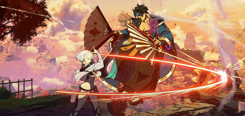 Kampfszene aus GUILTY GEAR -STRIVE- mit einer weißhaarigen Kämpferin gegen einen Gegner mit Fächern.
