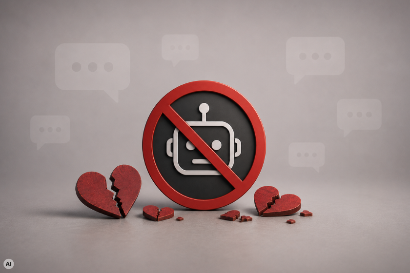 Durchgestrichenes Chatbot-Symbol mit mehreren zerbrochenen Holzherzen vor einem schlichten Hintergrund mit dezenten Sprechblasen.