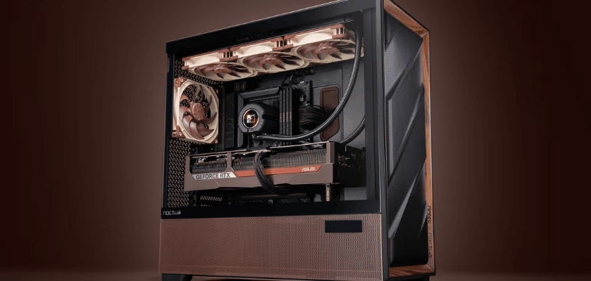 Gaming-PC mit Noctua-AiO-Wasserkühlung in einem schwarzen Gehäuse. Sichtbar sind der Radiator mit mehreren Lüftern, der CPU-Kühlblock und die verbaute Grafikkarte.